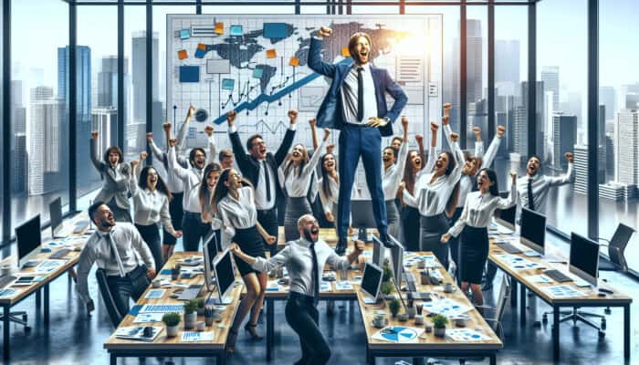 A vibrant team celebrating success in a modern office, symbolizing high morale and productivity.