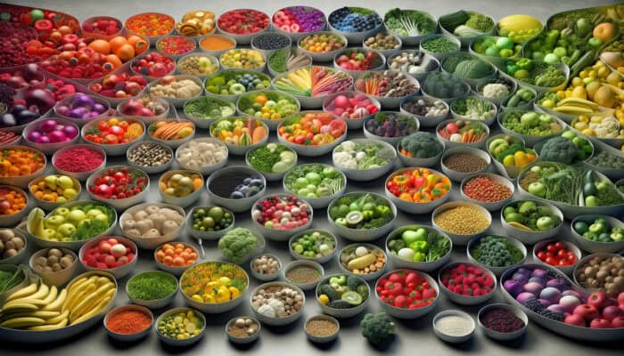 Plant-based Diets for Pets: Colorful vegetables and fruits in bowls, representing nutritious plant-based pet diet.