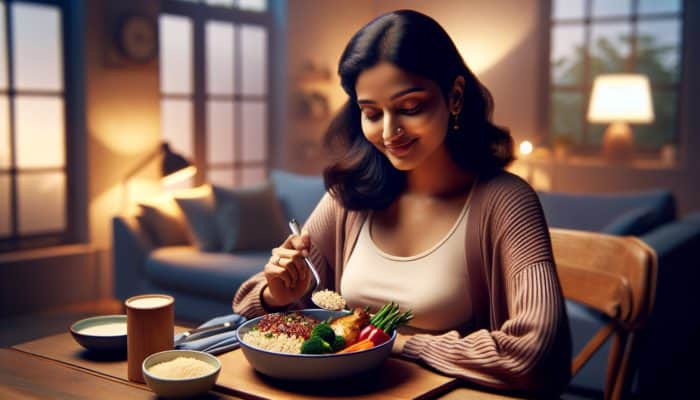 Best Meal Plans for Postpartum Nutrition: A new mother eating a protein-rich meal of chicken, quinoa, and vegetables at home.