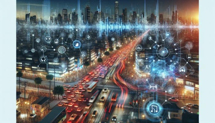A bustling cityscape at night with traffic, construction, and street performances, overlaid with soundwave patterns and noise-canceling technology visuals.