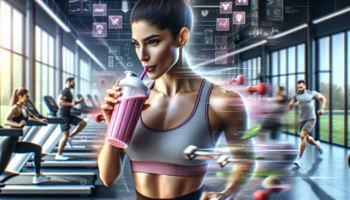 New athlete drinking a colorful BCAA pre-workout shake in a gym, surrounded by equipment, looking focused and determined.