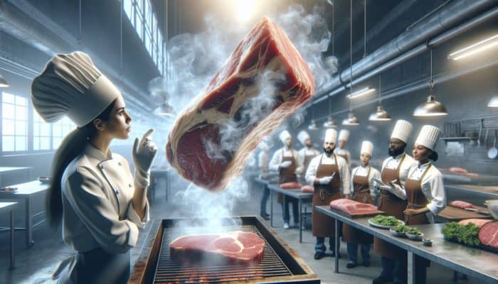 Large cut of meat smoking with visible swirls, culinary experts discussing in a modern industrial kitchen.