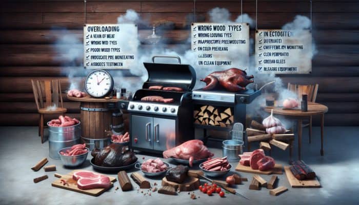 Infographic showing common smoke generator mistakes in a rustic barbecue setting.