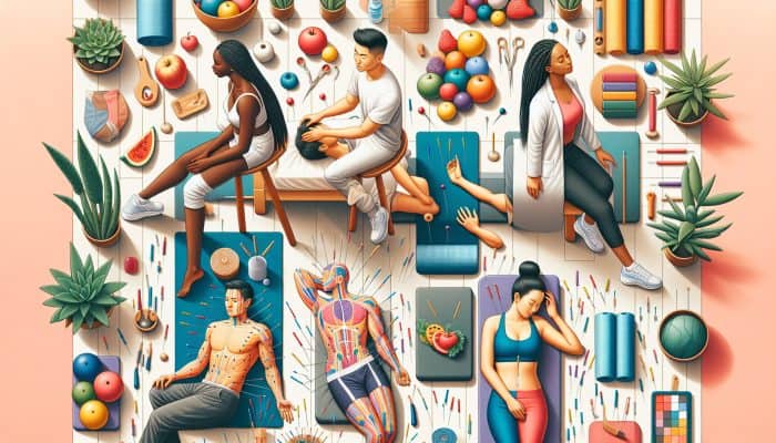 UK acupuncture clinic with students receiving personalized treatments, surrounded by wellness symbols like healthy food and exercise equipment.