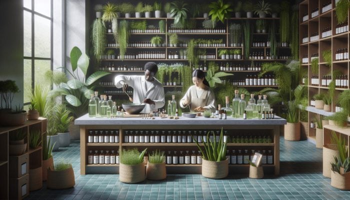 Apothecary scene with herbalists mixing natural dandruff remedies surrounded by plants and labeled bottles.