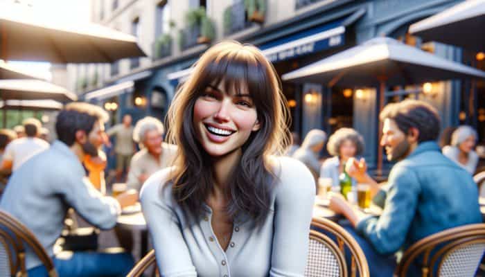 Woman with Jane Birkin bangs, laughing with friends in a sunlit café, chic outfit, French charm.