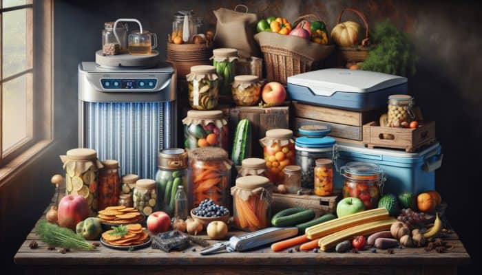 A variety of food preservation tools like vacuum sealers, canning jars, dehydrators, and freezers on a rustic kitchen table with fresh and preserved foods.