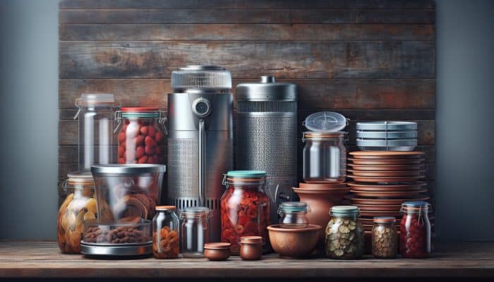 An array of food preservation tools on a rustic wooden table, showcasing diverse methods and vibrant colors.