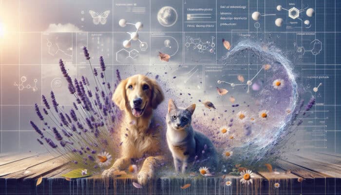 A dog and cat lounging with lavender and chamomile, symbolizing pet-safe deodorizing products.