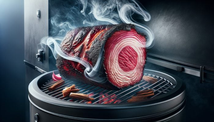Close-up of BBQ meat with a vibrant pink smoke ring, surrounded by hickory and oak smoke, smoker at 225°F-250°F.