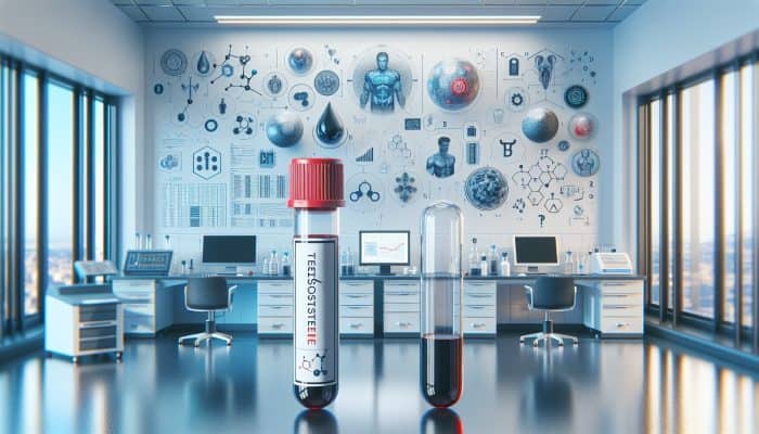 A blood test vial labeled 'Testosterone' amidst charts showing health benefits in a modern lab.