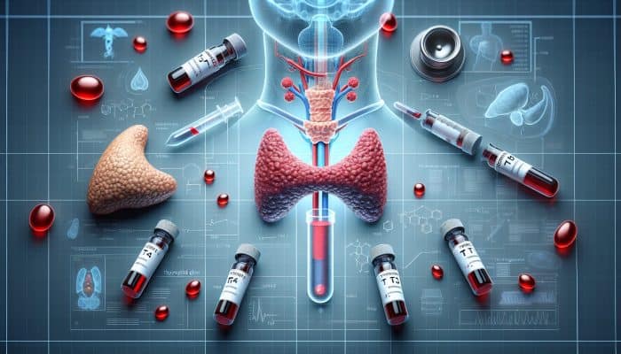 Thyroid Blood Test in Exeter: Illustration of thyroid blood test vials labeled T4, T3, TSH, with thyroid and pituitary glands.