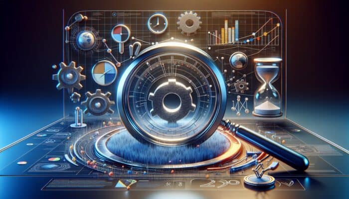 A magnifying glass focusing on a website amidst SEO tools and analytics graphs, symbolizing search engine optimization.