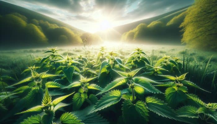 How Herbs Soothe Arthritis Pain: Lush UK spring field with dew-covered nettle plants, symbolizing arthritis relief.