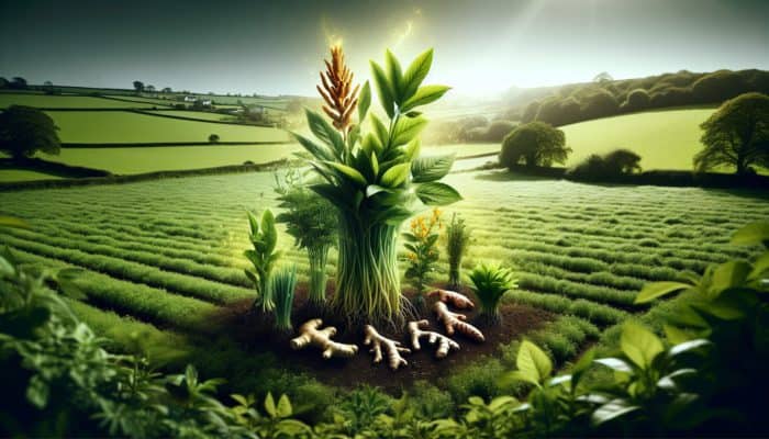 UK countryside scene with glowing turmeric and ginger herbs, symbolizing anti-inflammatory effects.