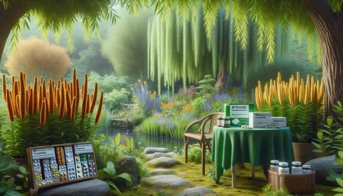 A UK herbal garden with turmeric and willow, alongside arthritis medications, symbolizing integrated treatment under professional guidance.