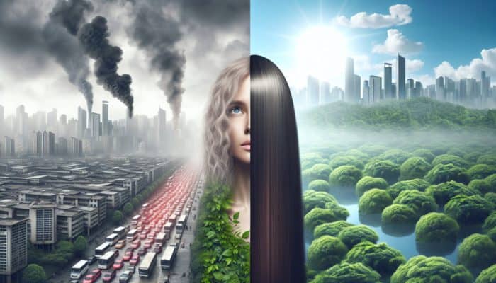 Image showing urban pollution thinning hair on one side and a serene environment promoting thicker hair on the other, illustrating genetic and environmental impacts.