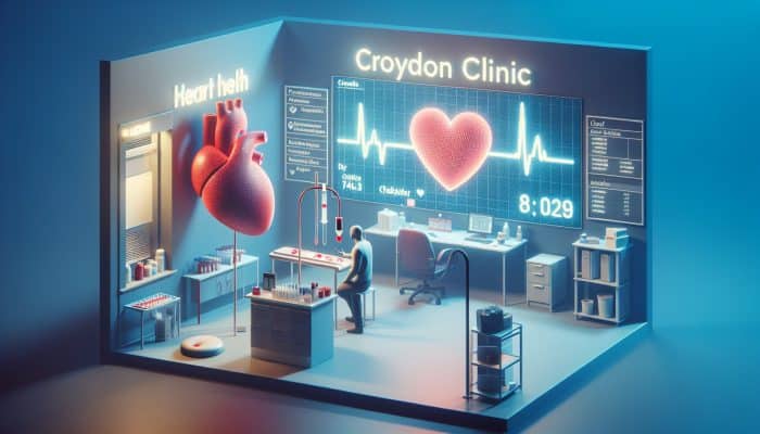 Cholesterol Blood Test in Croydon: Person receiving cholesterol test in Croydon clinic, heart-shaped chart in background.