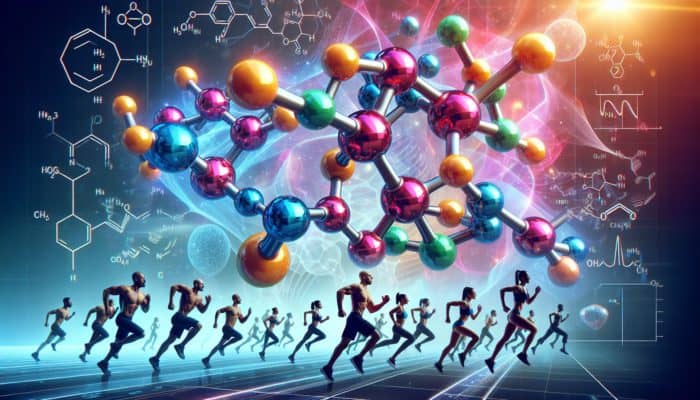BCAAs In Bodybuilding Circles: Molecular structure of BCAAs with athletes in a dynamic fitness setting, illustrating muscle growth and energy.