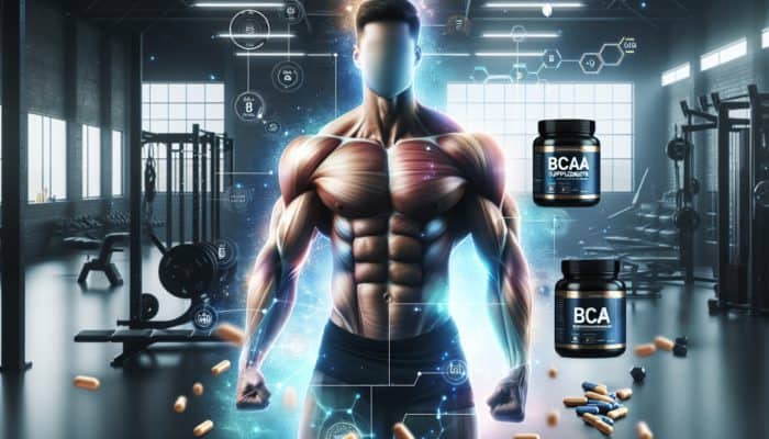 A muscular bodybuilder in a gym with BCAA supplements, showing enhanced muscle definition and energy.