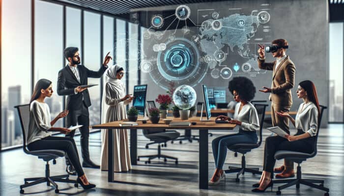 A diverse team using digital tools to solve workflow issues in a modern office setting.