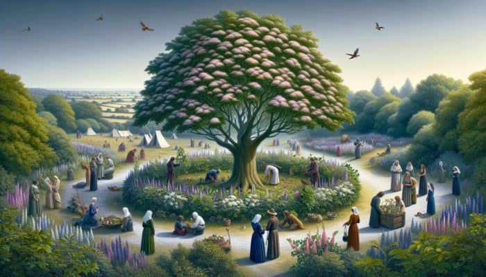 Treating Colds With Elderberry: Medieval British scene with elder tree, people using elderflowers and berries for remedies, symbolizing healing and protection.