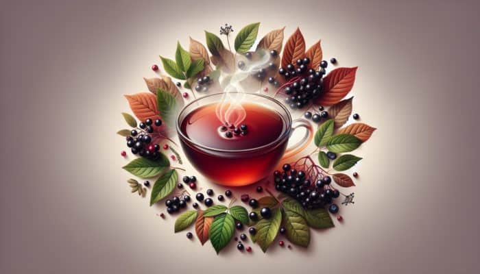 A steaming cup of elderberry tea with fresh elderberries and leaves, offering relief from cold symptoms.
