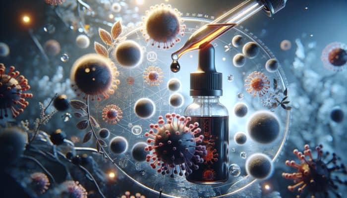 Elderberry extract in dropper with cold virus models, wintery background, highlighting antiviral properties.