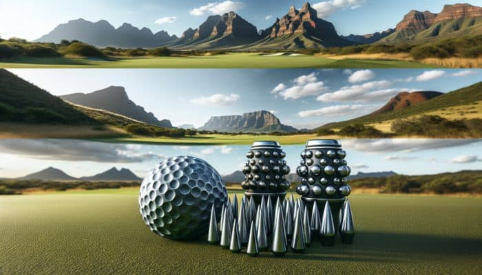 Various golf spikes on a green course, contrasting affordable soft and premium metal spikes, South African landscape.