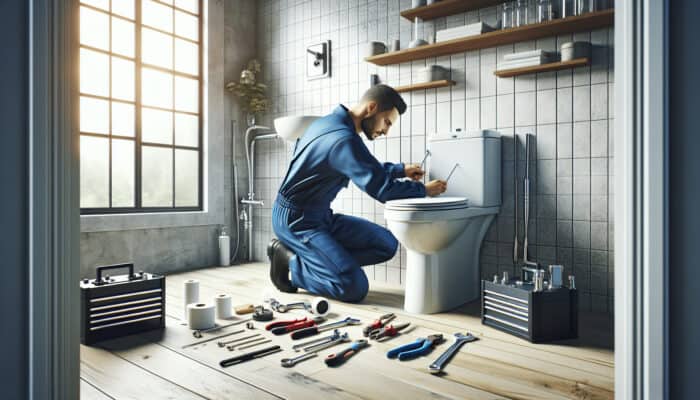 A skilled technician in blue uniform repairing a modern toilet in a clean, well-lit bathroom.