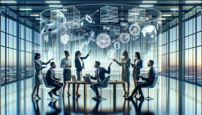 A group of financial experts discussing peer-to-peer debt consolidation loans in a modern office.