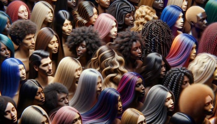 Diverse group displaying curl patterns from straight to coily, styled with enhancing products, vibrant backdrop.