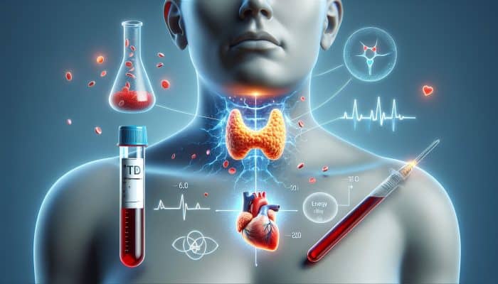 Thyroid Blood Test in Middlesbrough: Illustration of thyroid gland in neck, surrounded by metabolism, energy, heart rate symbols, and blood test vial.