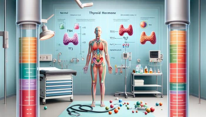 Illustration of thyroid hormone levels: TSH, T3, T4, with indicators for hypothyroidism and hyperthyroidism.