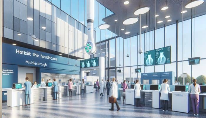 Patients entering James Cook University Hospital in Middlesbrough for efficient thyroid testing in a modern clinical setting.