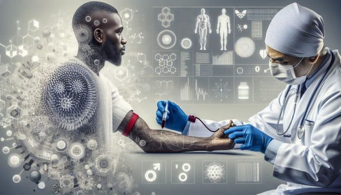 Testosterone Blood Test in Hereford: Illustration of a testosterone blood test, focusing on its role in male health, muscle, and bone density.