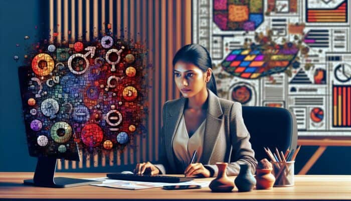 A digital marketing expert analyzing competitor keywords on a computer, surrounded by graphs in a modern office.