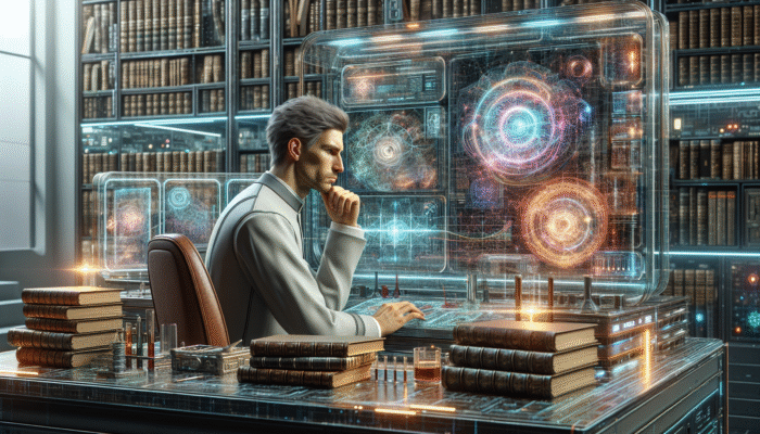 A scientist analyzing data on a large screen in a modern lab, surrounded by books and journals.