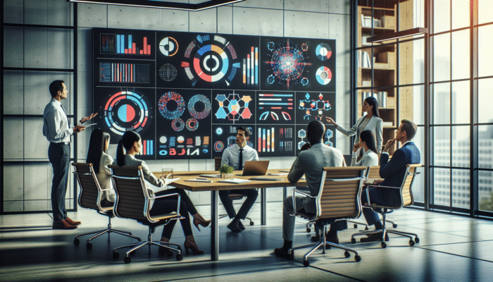 A diverse group of experts in a conference room analyzing data and discussing E-E-A-T strategies.