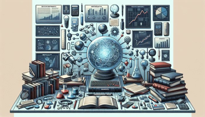 A research setup with hypothesis, books, and tools, showcasing rigorous qualitative and quantitative methodology for replicability.