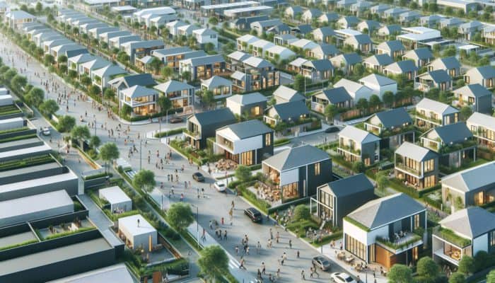 Aerial view of a lively neighborhood showcasing modern entry-level homes and green spaces.