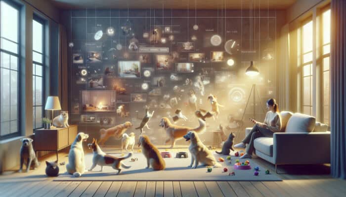 A pet owner in a cozy living room consulting a playtime schedule chart, surrounded by playful dogs and cats.