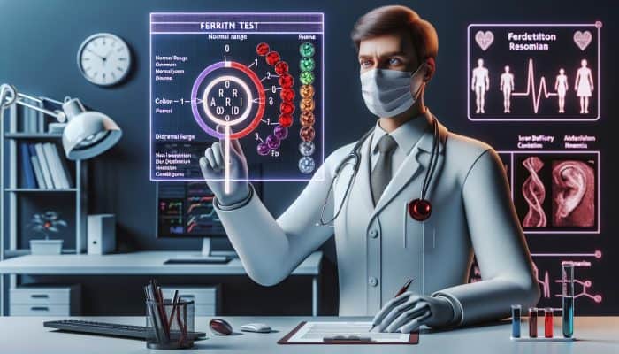 A doctor reviewing ferritin test results with graphs indicating normal ranges and conditions in a clinic.