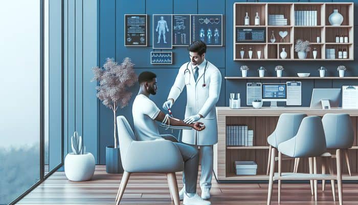 A serene clinic with a healthcare professional drawing blood, surrounded by calming decor and an efficient check-in area.