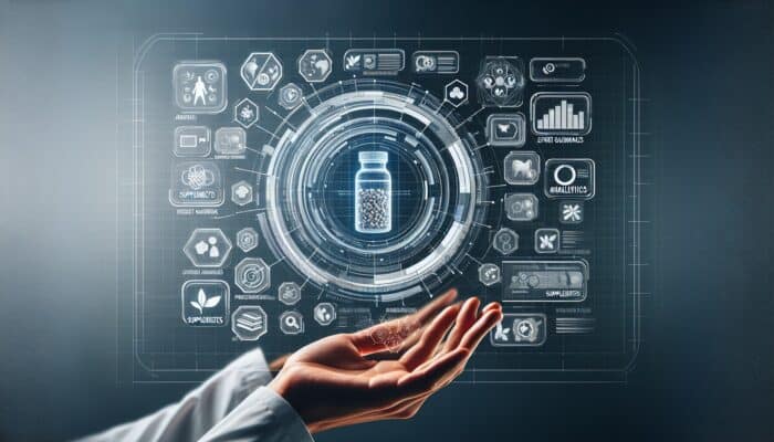 A futuristic digital interface showing optimized supplement ads for various platforms, with expert guidance and analytics.