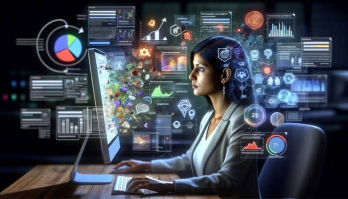 Marketer optimizing ad formats with visuals, compelling copy, and analyzing A/B test results on screen.