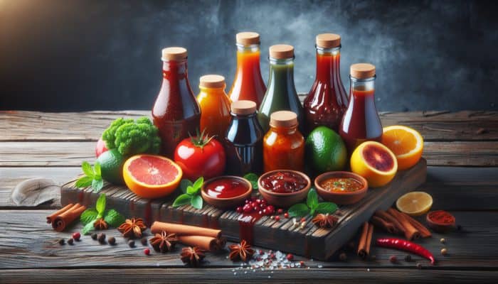 How to Make Low-Fat BBQ Glazes: Low-fat BBQ glazes with vinegar and fruit juice bases, vibrant colors and textures on a rustic wooden table.