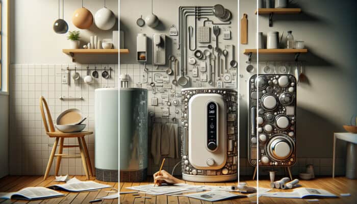 Water Heater Services in White Rock: A modern kitchen displaying a traditional tank, tankless, and hybrid water heater, each labeled.