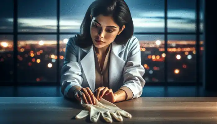 Buy Nitrile Gloves in Windsor: A lab-coated professional inspects nitrile gloves with Windsor skyline in background.