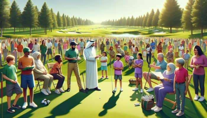 A diverse community at Strand Golf Club engaging in golf clinics, charity events, and educational programs amidst greenery.